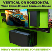 In the HIDEit Xbox Series X Mount, the Xbox can be mounted vertically next to your TV or horizontally below your TV.