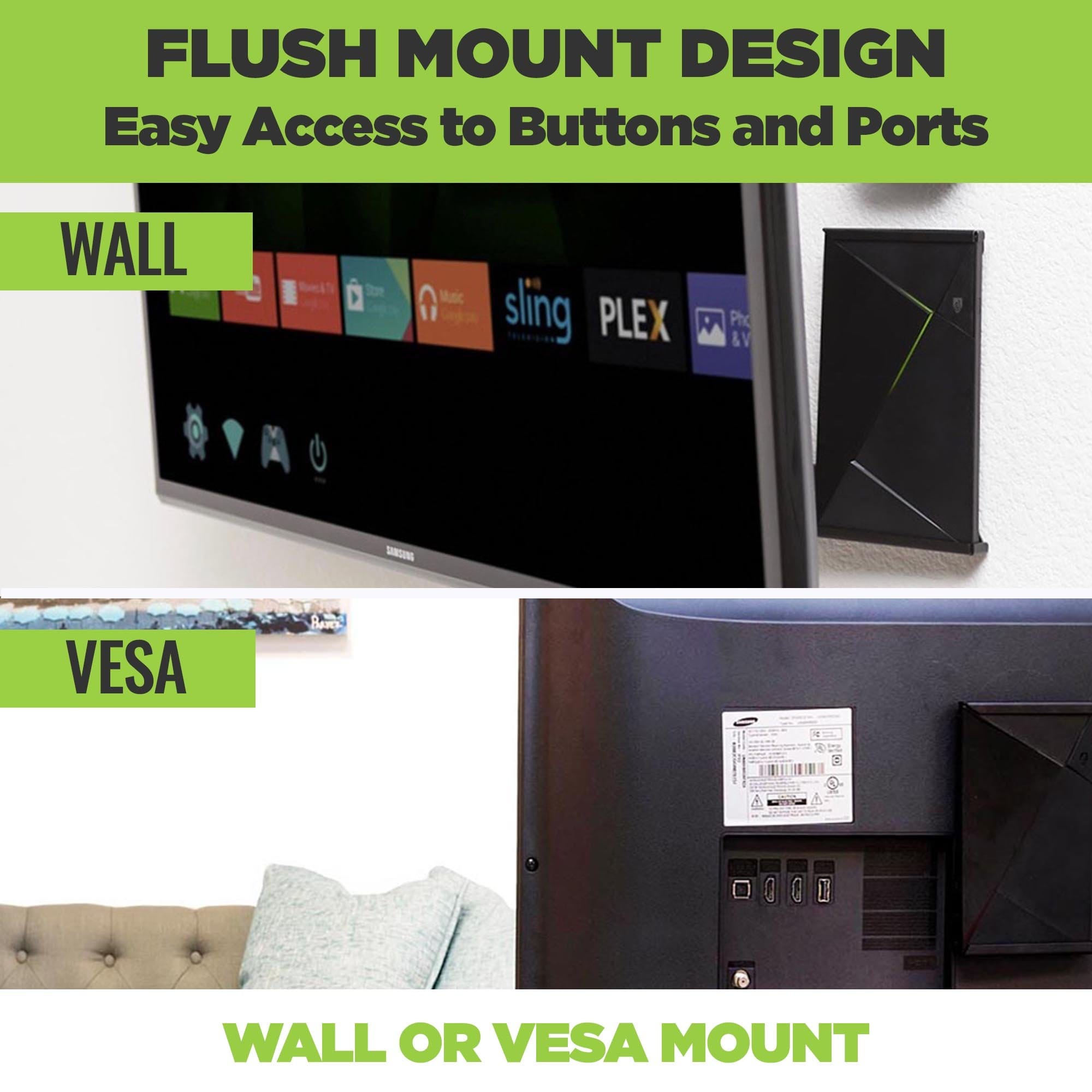 NVIDIA Shield wall mounted behind the TV and VESA mounted to the back of a computer monitor.