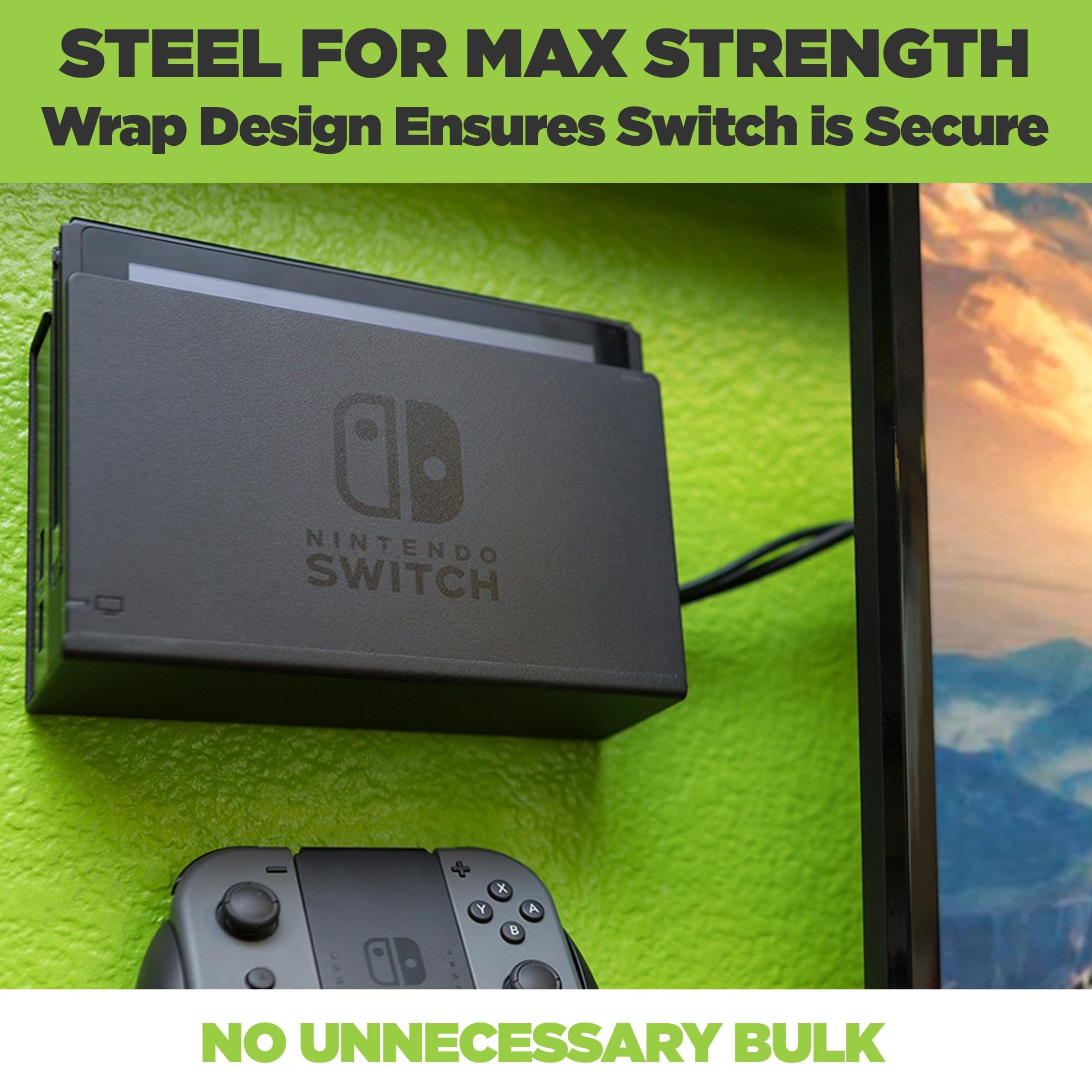 Nintendo Switch mount and two video game controllers mounted on the wall in HIDEit Mounts.Nintendo Switch mount and two video game controllers mounted on the wall in HIDEit Mounts.