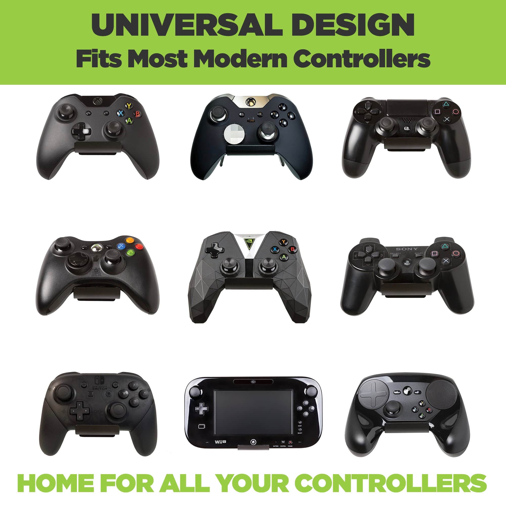 PlayStation controllers, Xbox controllers, and Nintendo controllers mounted and securely held in HIDEit Uni-C mounts.