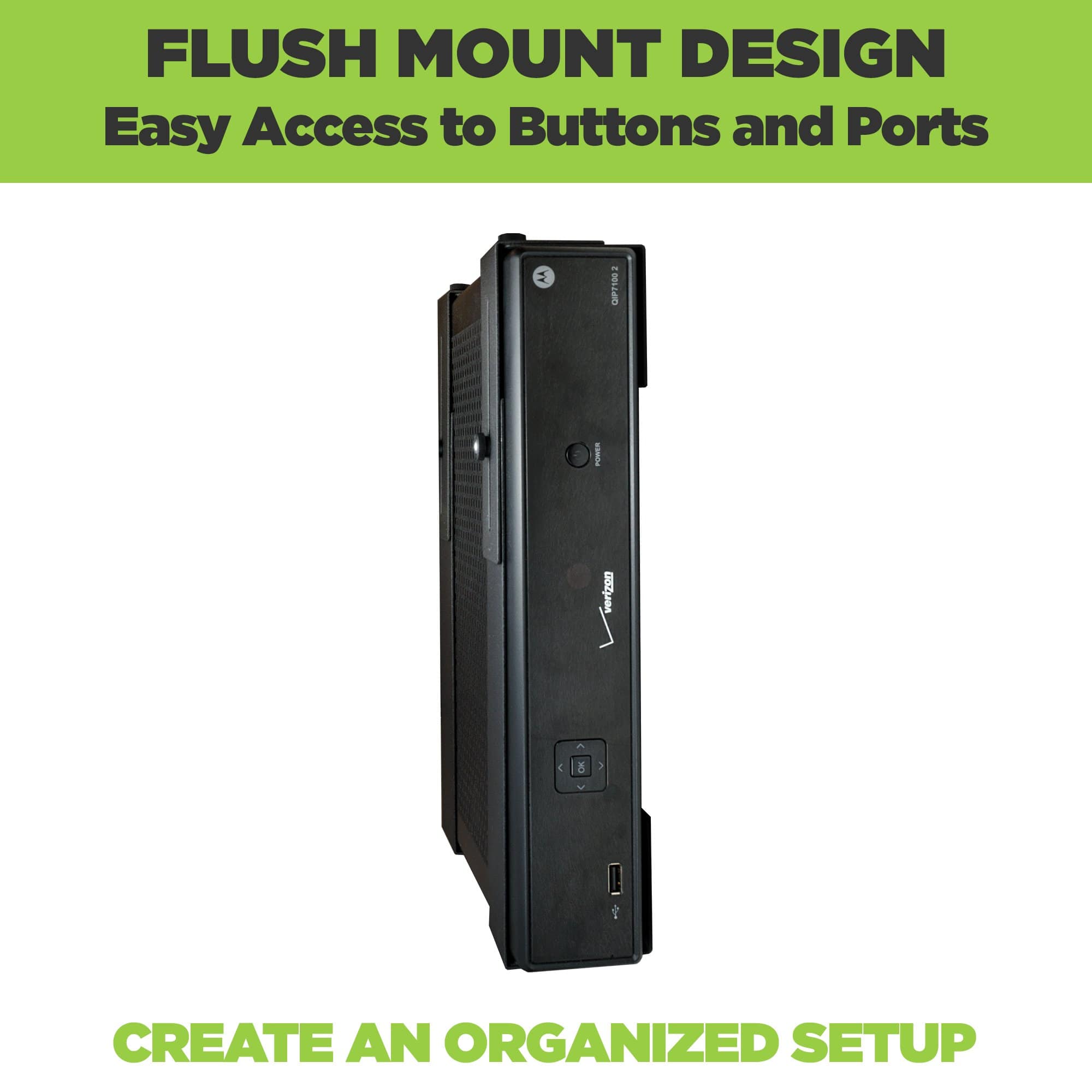 Medium-sized electronic device mounted in a universal + adjustable HIDEit wall mount.