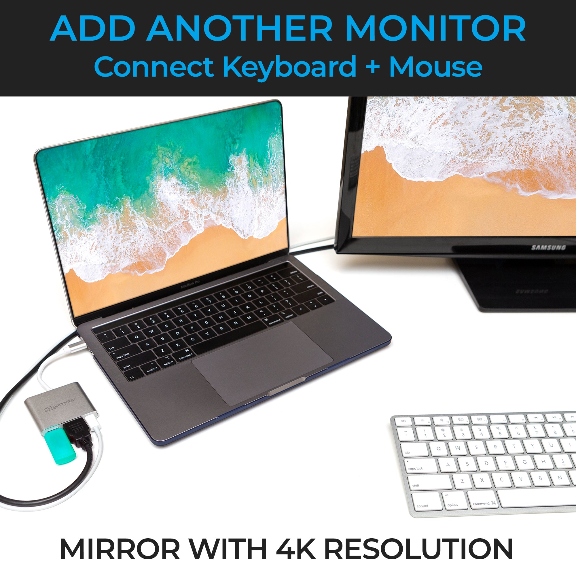 With the Gadgets Plus USB splitter you can screen mirror with 4k resolution. Connect keyboard + mouse for a sleek setup.