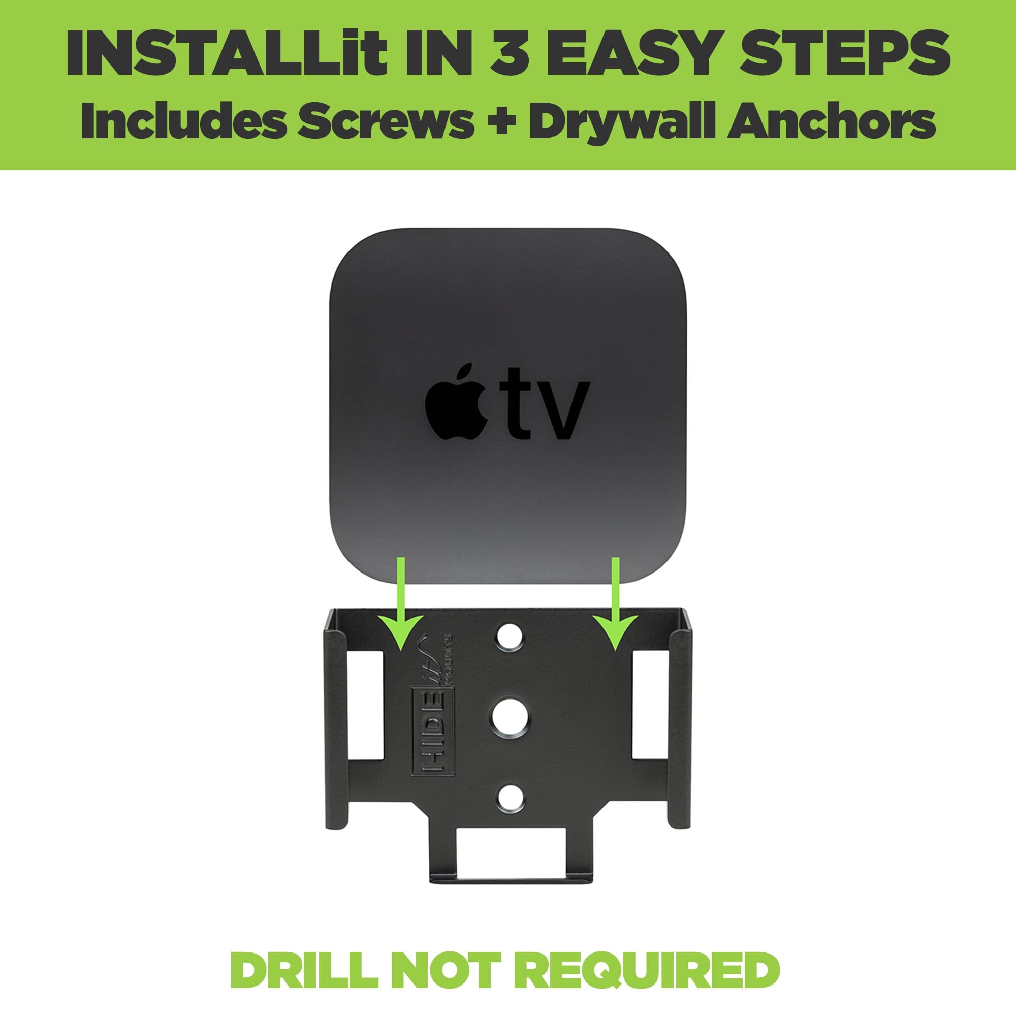 Apple TV 5th gen is installed into HIDEit ATV4K Mount easily and without a drill.