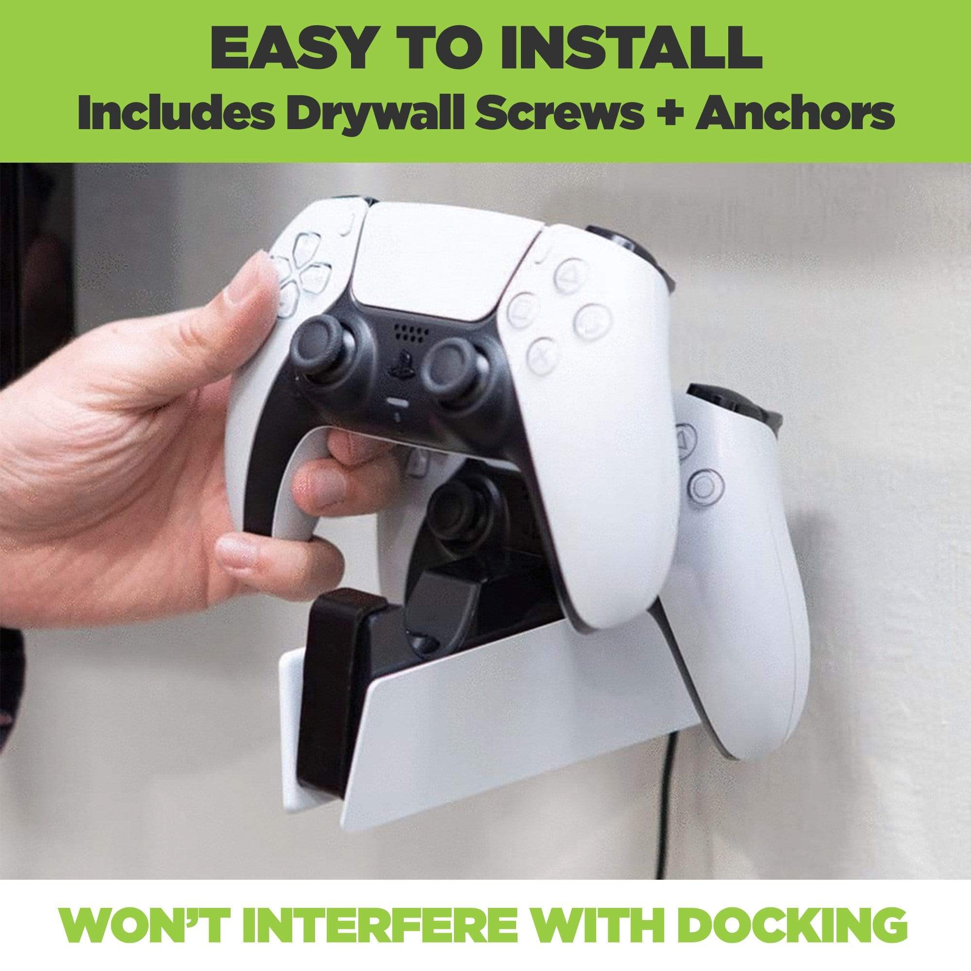 DualSense controllers are easy to put in and out of the PS5 DualSense charging station when wall mounted in a HIDEit Mount.
