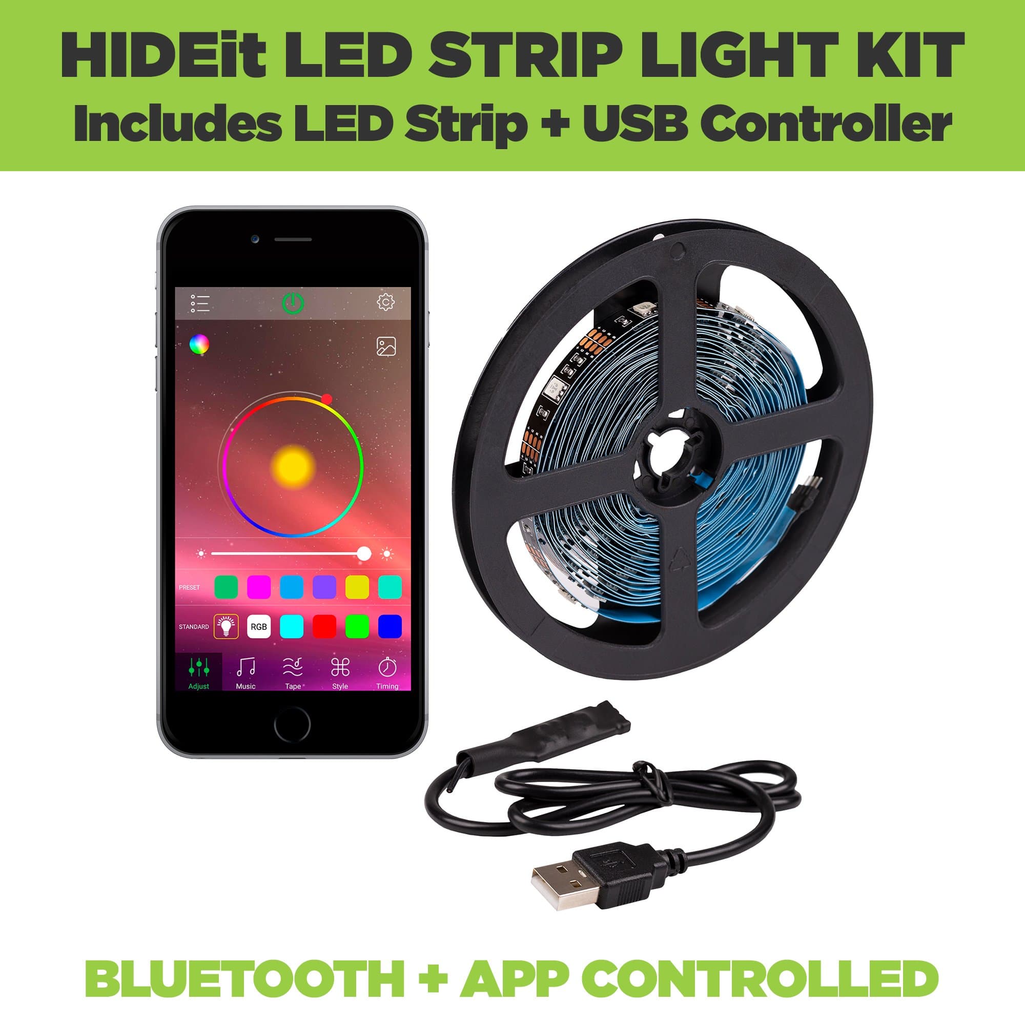 HIDEit LED Strip Lights include LED strip and remote. Bluetooth and app controlled LED Strip Light Kit.
