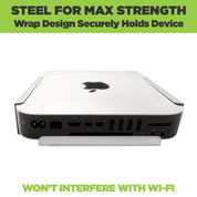 Silver Mac mini securely held in HIDEit Mount without interfering with Wi-Fi.