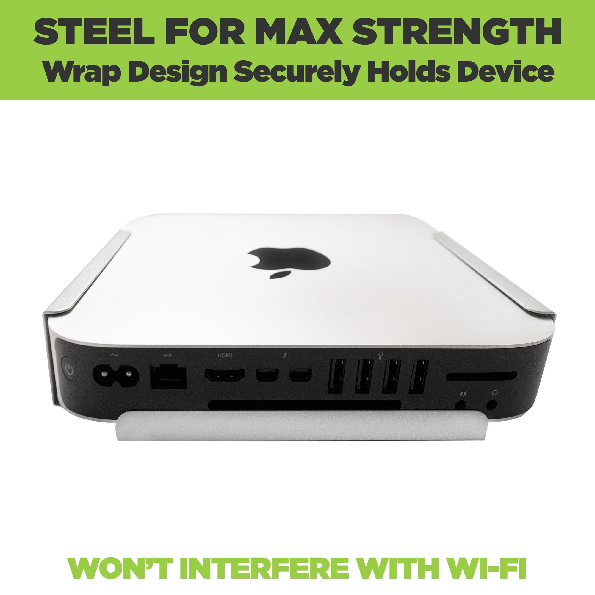 Silver Mac mini securely held in HIDEit Mount without interfering with Wi-Fi.