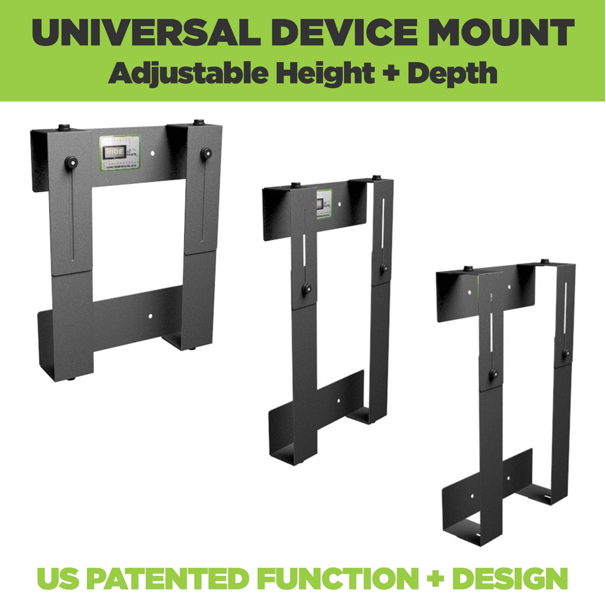 Side views of the HIDEit Adjustable Network Switch Wall Mount made from steel