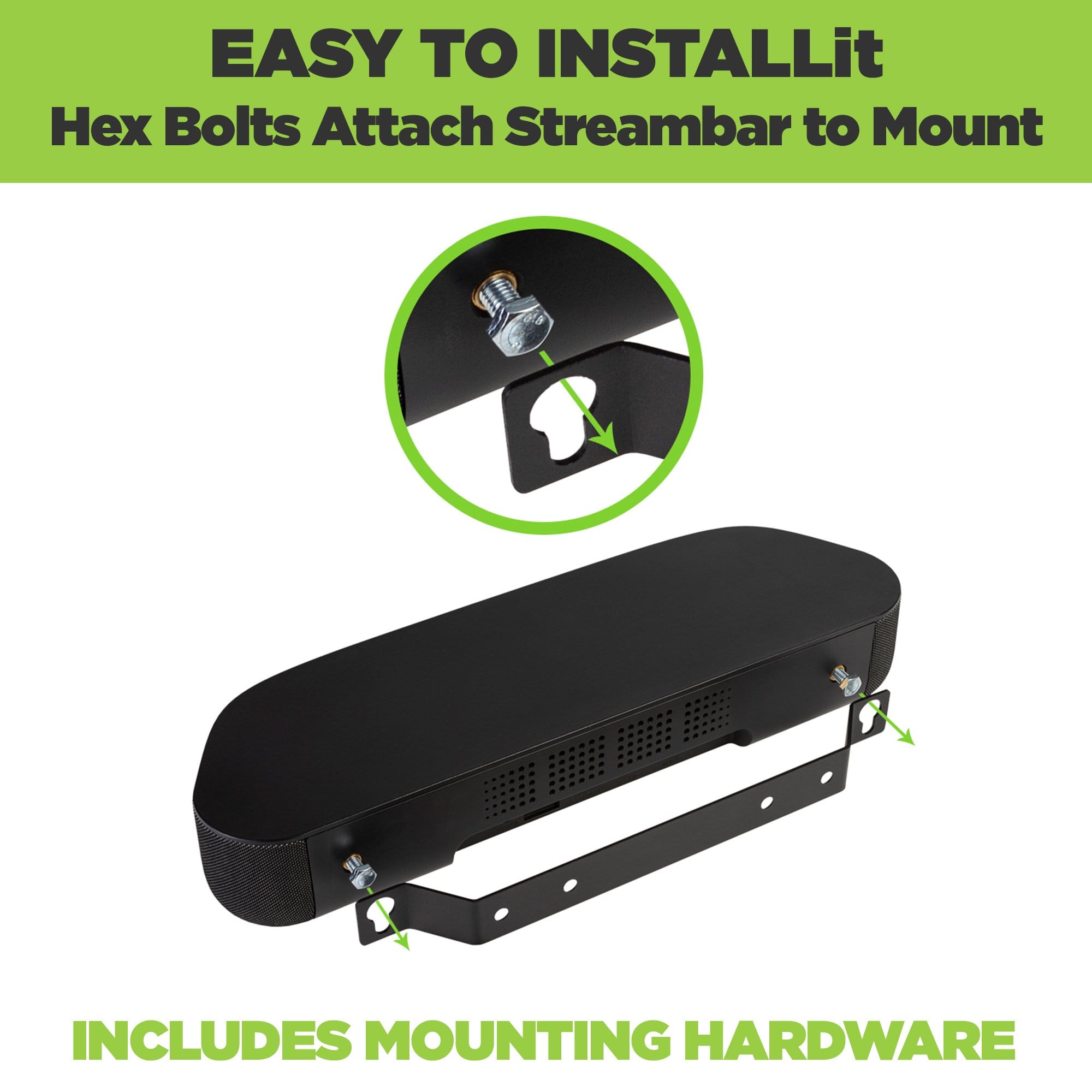 HIDEit Roku Streambar Wall Mount attaches to the Roku Soundbar with hex bolts. Streambar mounting bracket is easy to install.