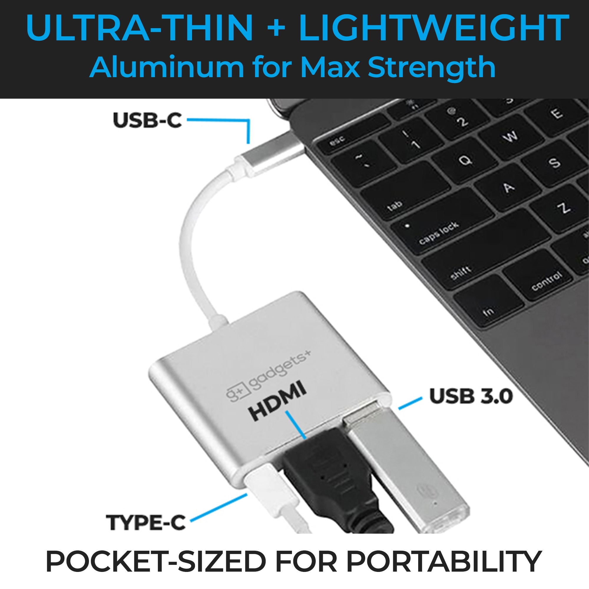 Ultra thin USB splitter has a port for a type-c cord, HDMI cord and USB 3.0. Compatible with many USB devices, such as keyboards, mice, flash drives and hard drives.