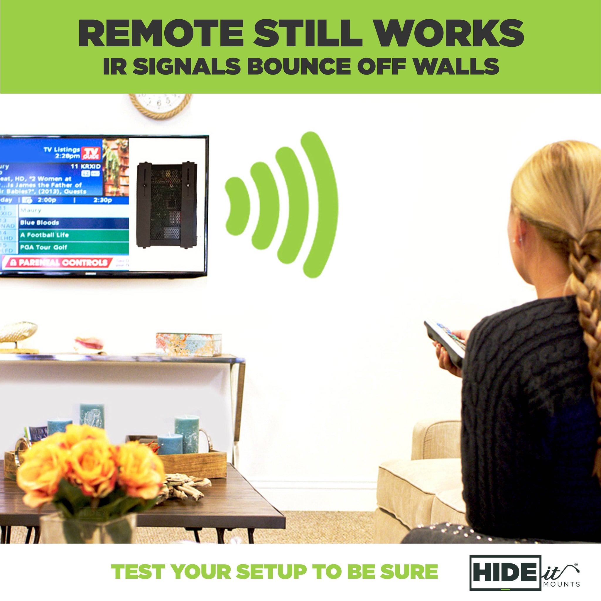 Remote still works. IR signals bounce off walls. Test your setup to be sure. Woman using tv remote.