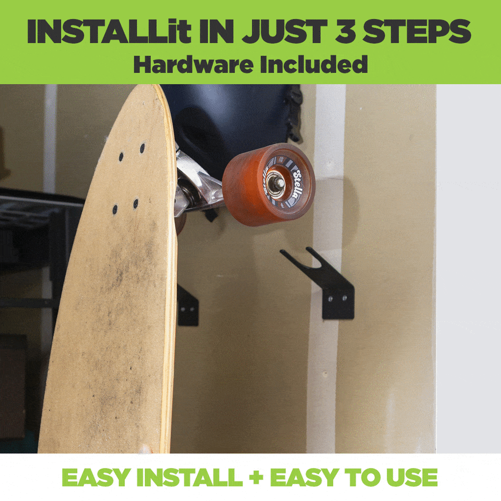 Gif of man placing a complete skateboard in the HIDEit Vertical Skateboard Wall Mount.