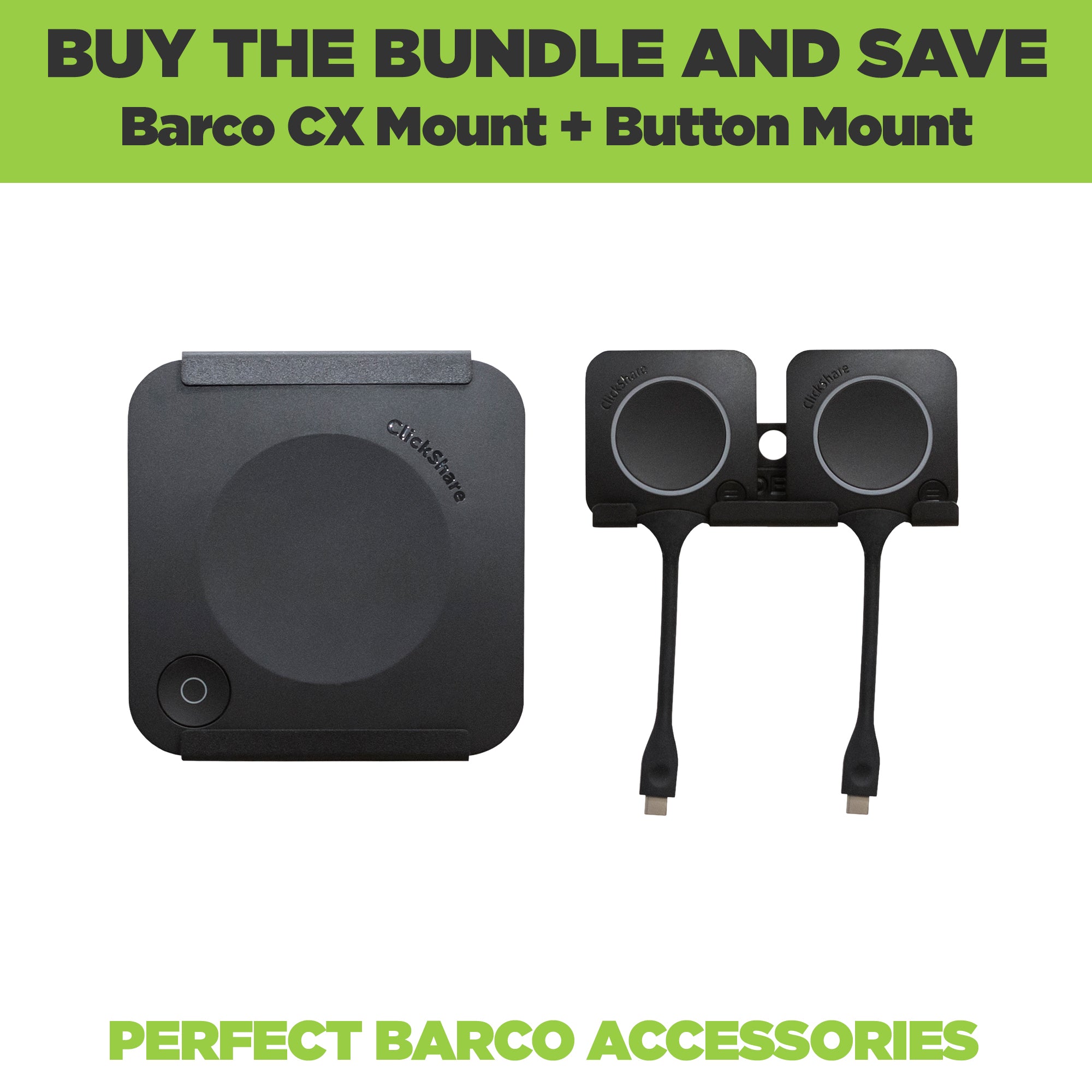 HIDEit Mounts Wall Mount Bundle for Barco devices includes a wall mount for the Barco CX Presentation Devices and a wall mount for 2 ClickShare Buttons.