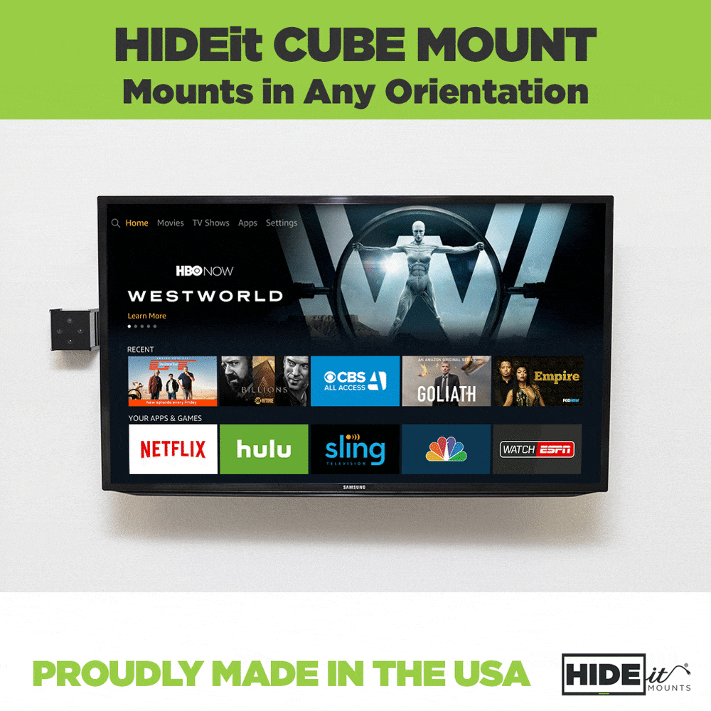 Alexa TV Cube mounted in any orientation on the wall using HIDEit Cube Mount.