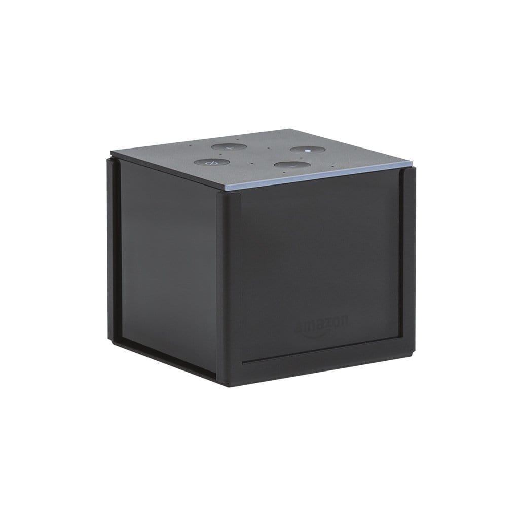 Black steel HIDEit mount securely holding Amazon Fire TV Cube.
