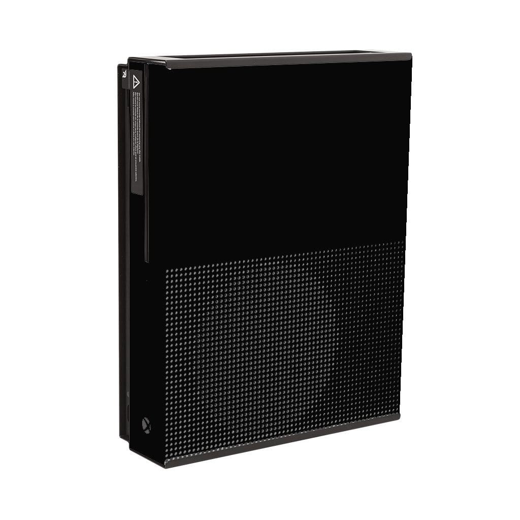 Black Xbox One S mounted in a black steel HIDEit Xbox One S Wall Mount