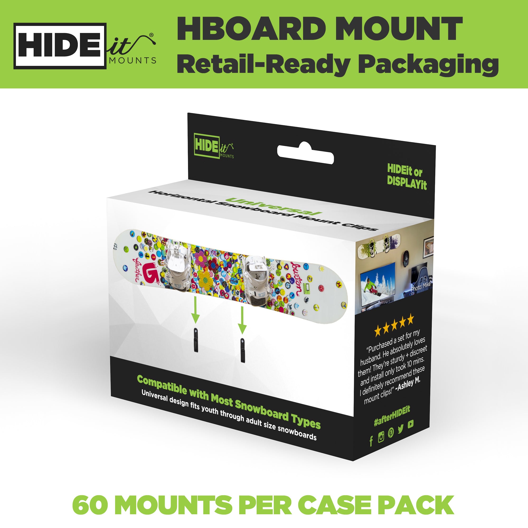 W - HIDEit HBoard Retail Packaging | Horizontal Snowboard Mount Clips in Retail Packaging