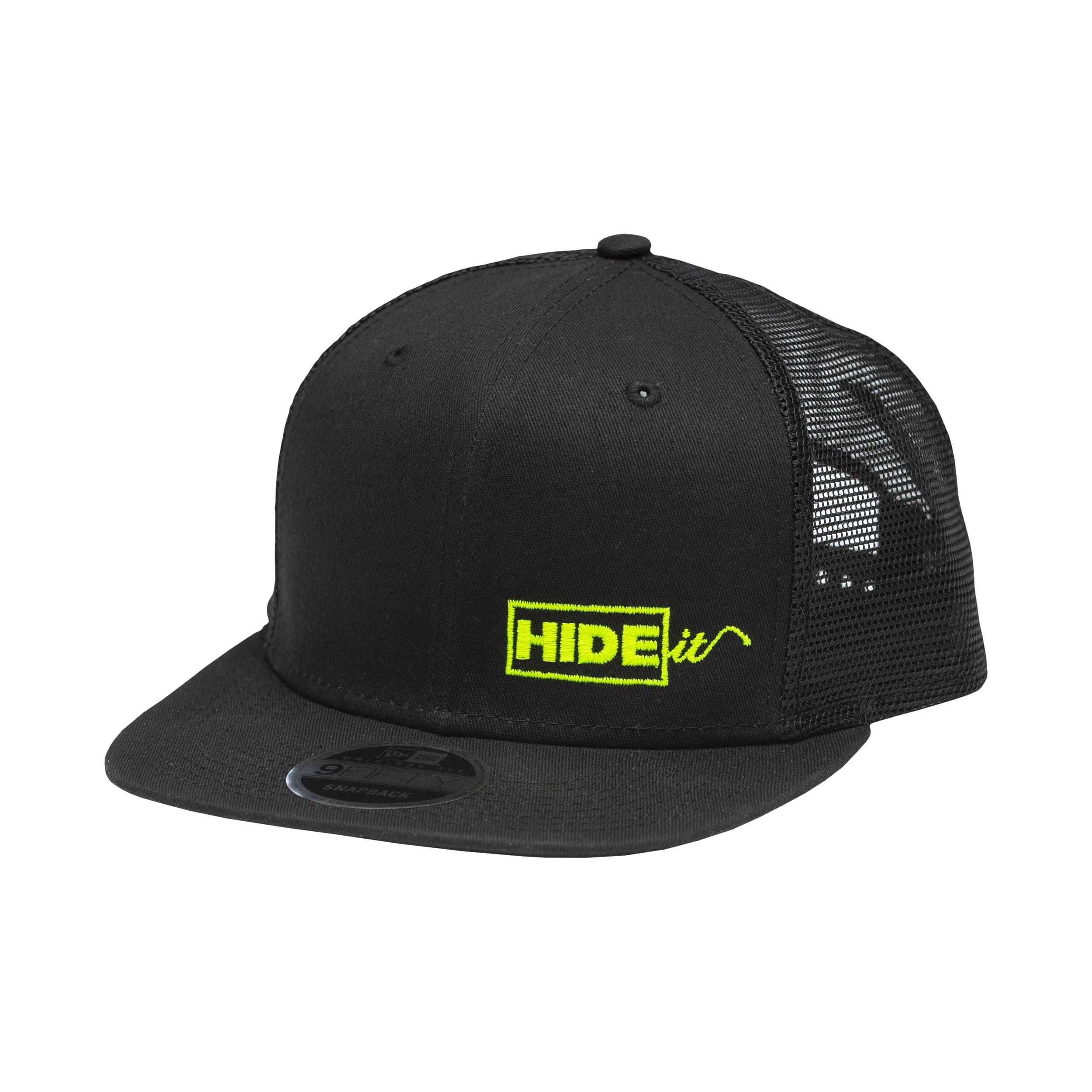 Black New Era 9fifty snapback with lime green HIDEit logo in bottom right.