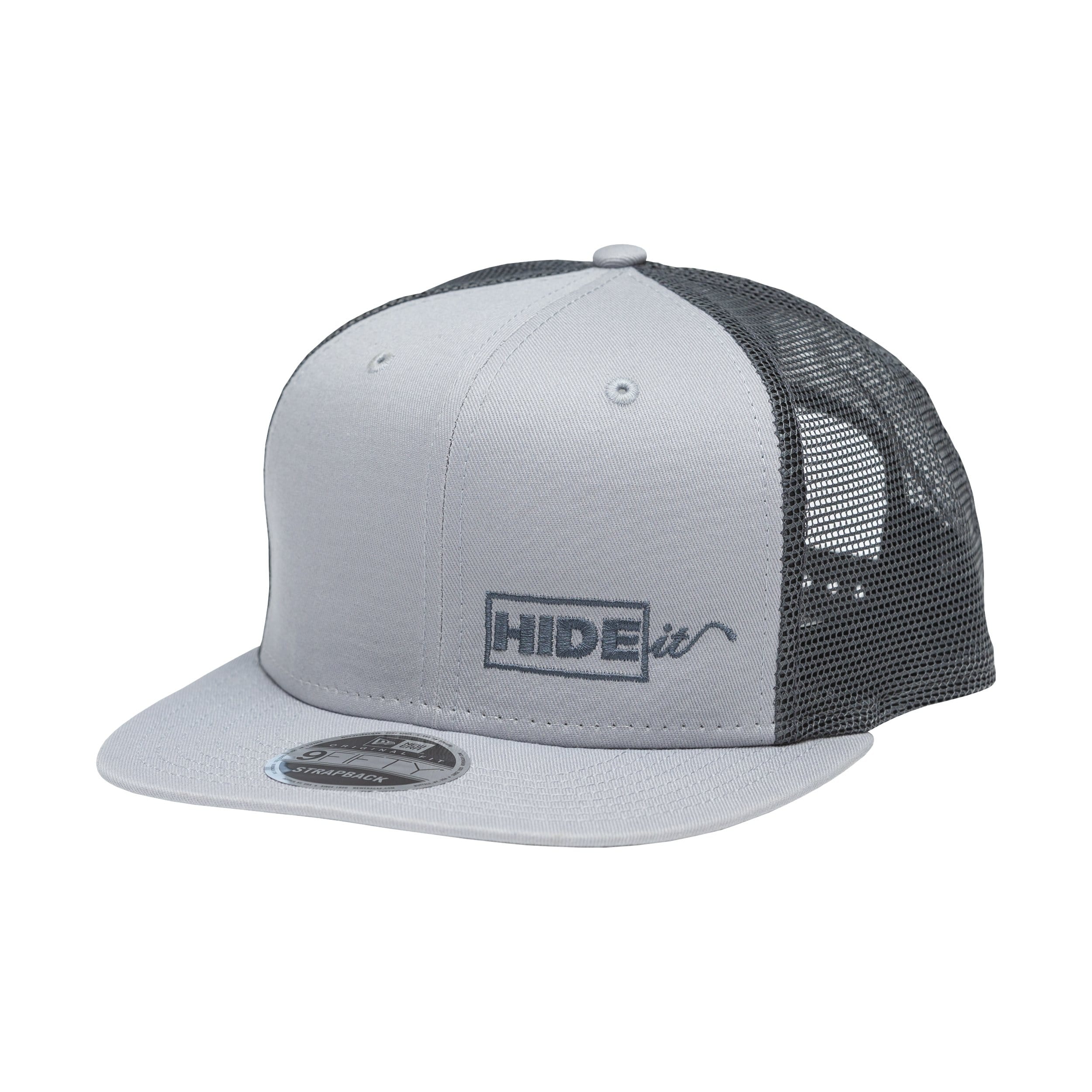 Light grey New Era Snapback with a small dark grey HIDEit Mounts logo in the bottom right of the hat.