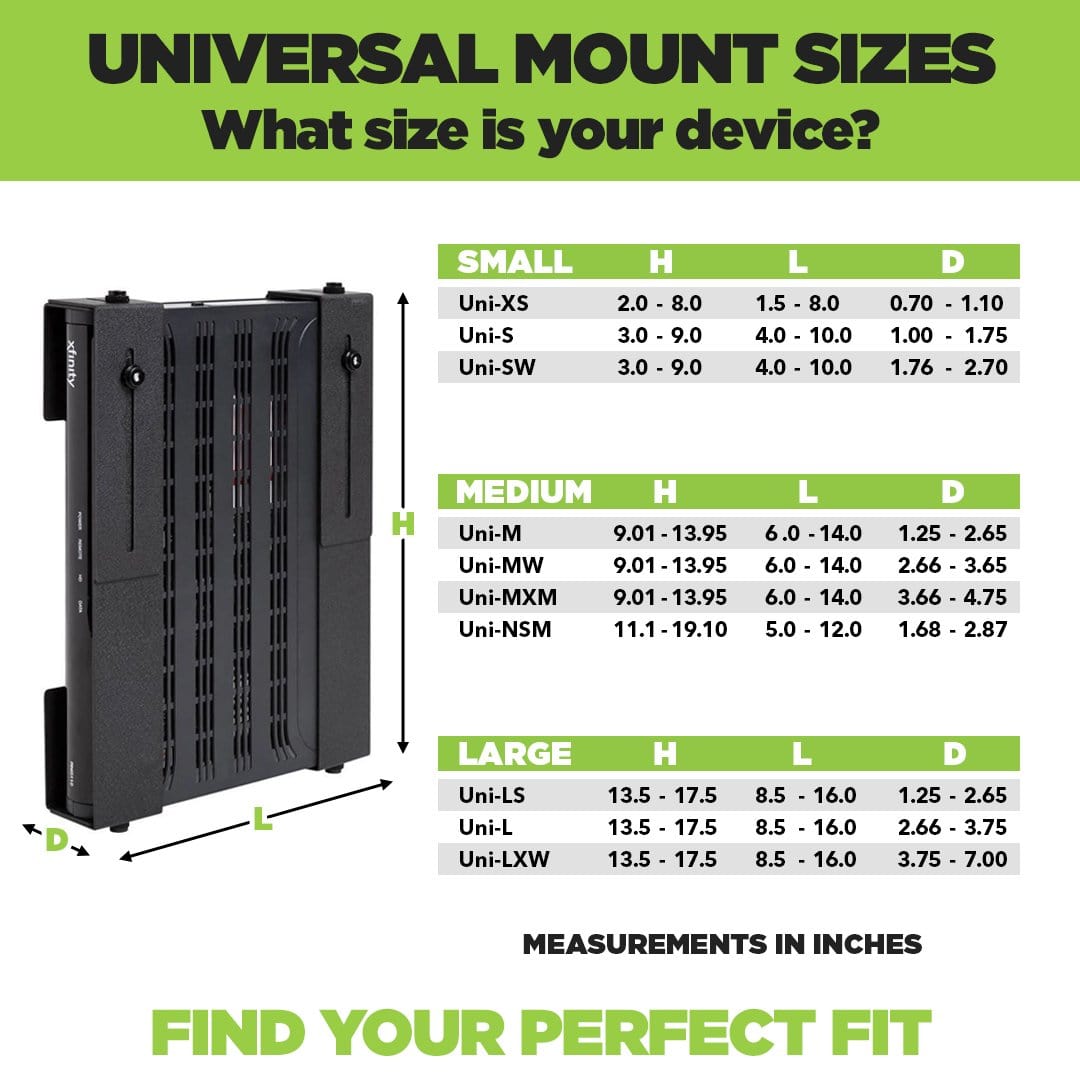 Universal Mount size chart for components of all sizes.