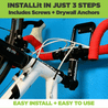 Gif of a white bike being securely mounted in a garage with a HIDEit Universal Bicycle hook. 