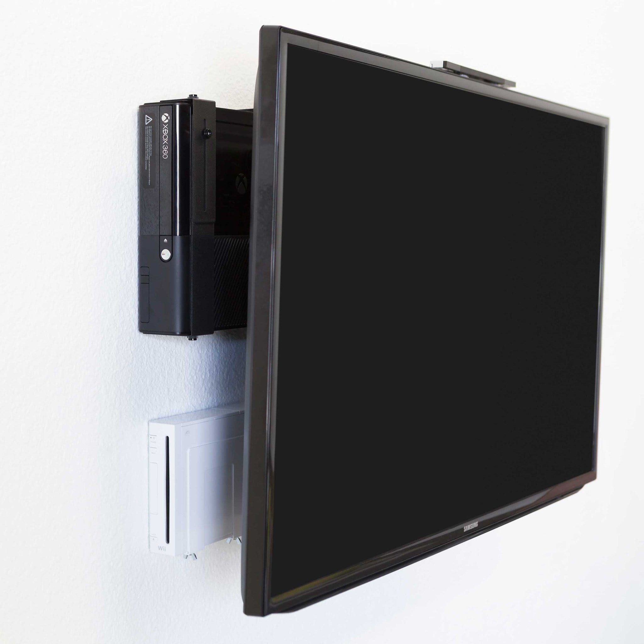 Side view TV Showing Wall Mounted Game Consoles Behind