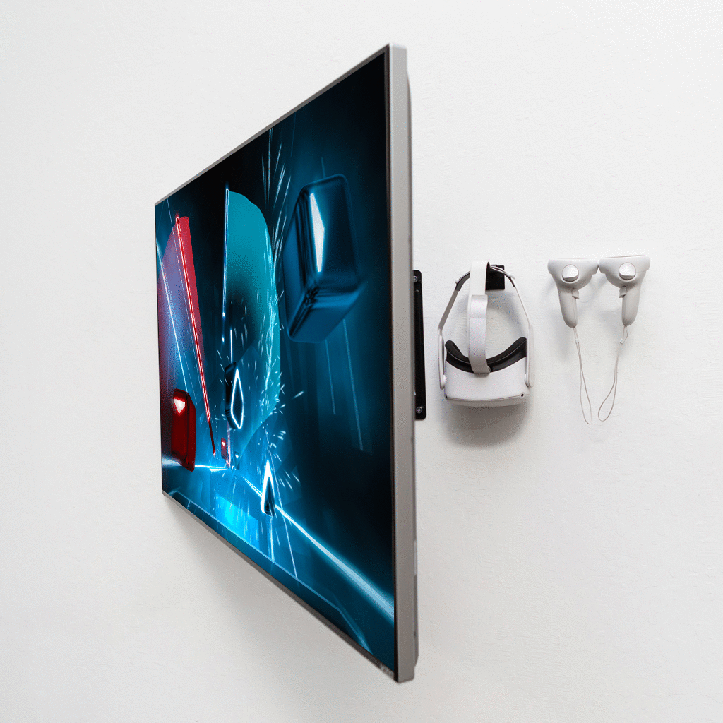 Wall mount the Oculus Quest 2 VR Headset and Oculus Quest 2 controllers behind the TV for a sleek, organized gaming setup.