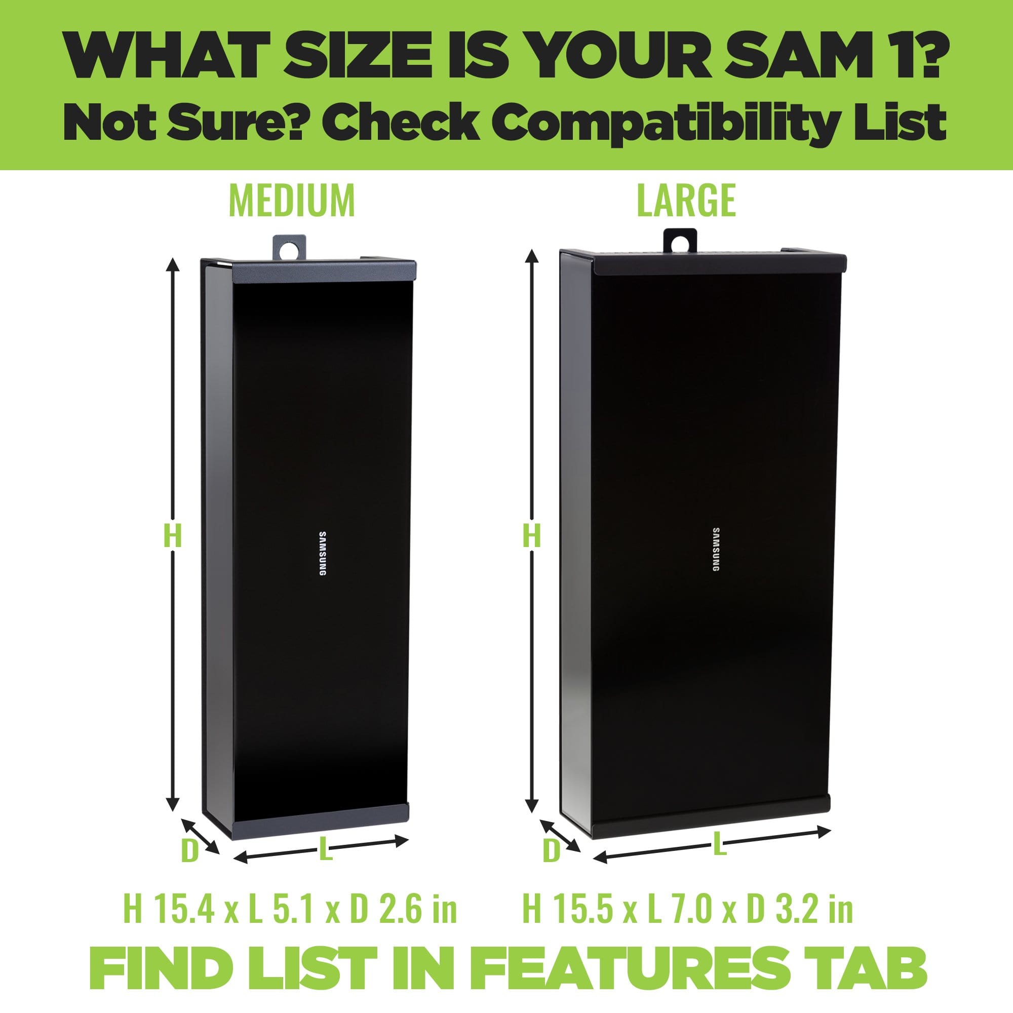 Chart showing the size difference between the Large Samsung One Connect Box and the medium Samsung One Connect