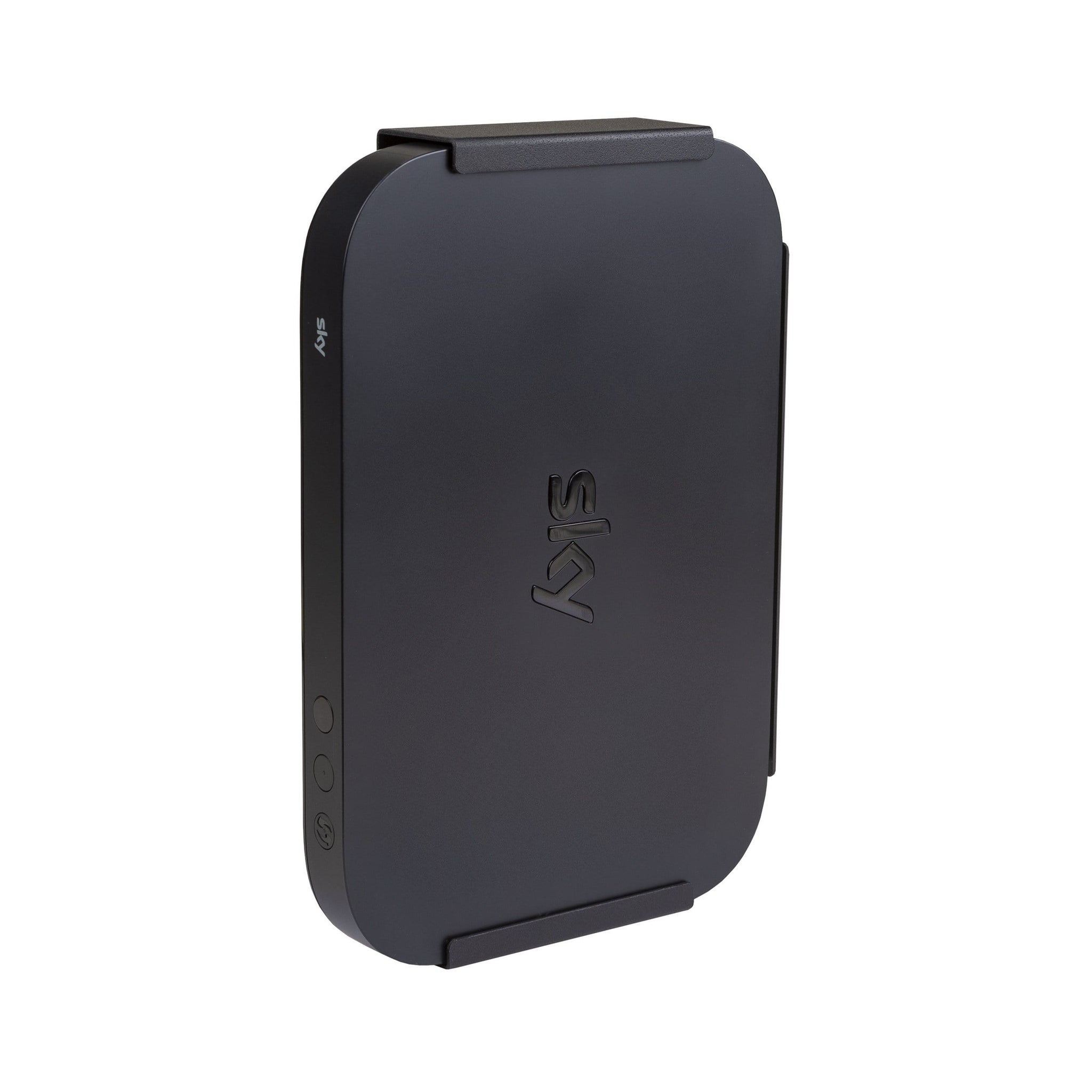 Sky Q Mini mounted in the black, steel HIDEit wall mount for the Sky Q Mini Box.