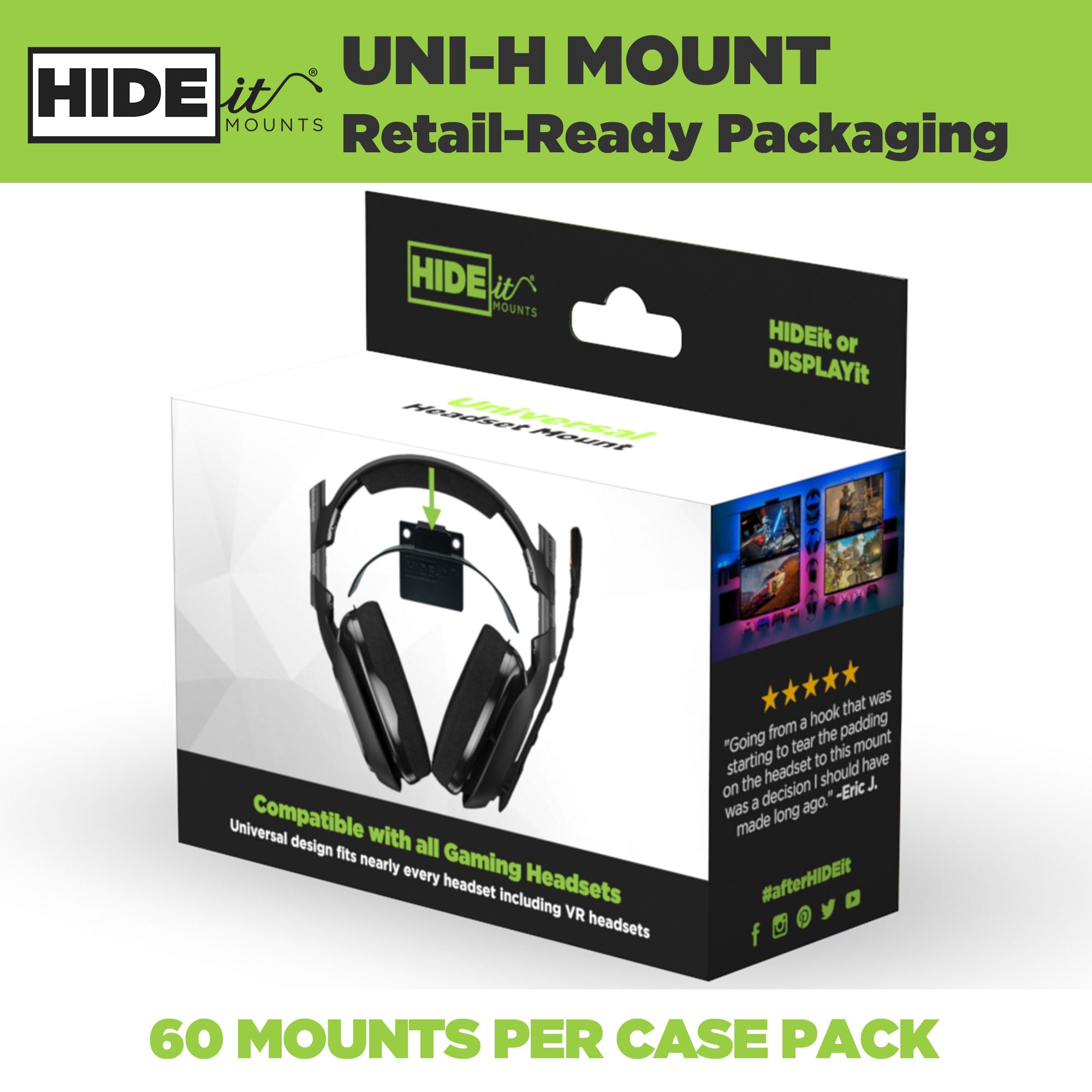 W - HIDEit Uni-H Retail Packaging | Universal Headset Mounts in Retail Packaging