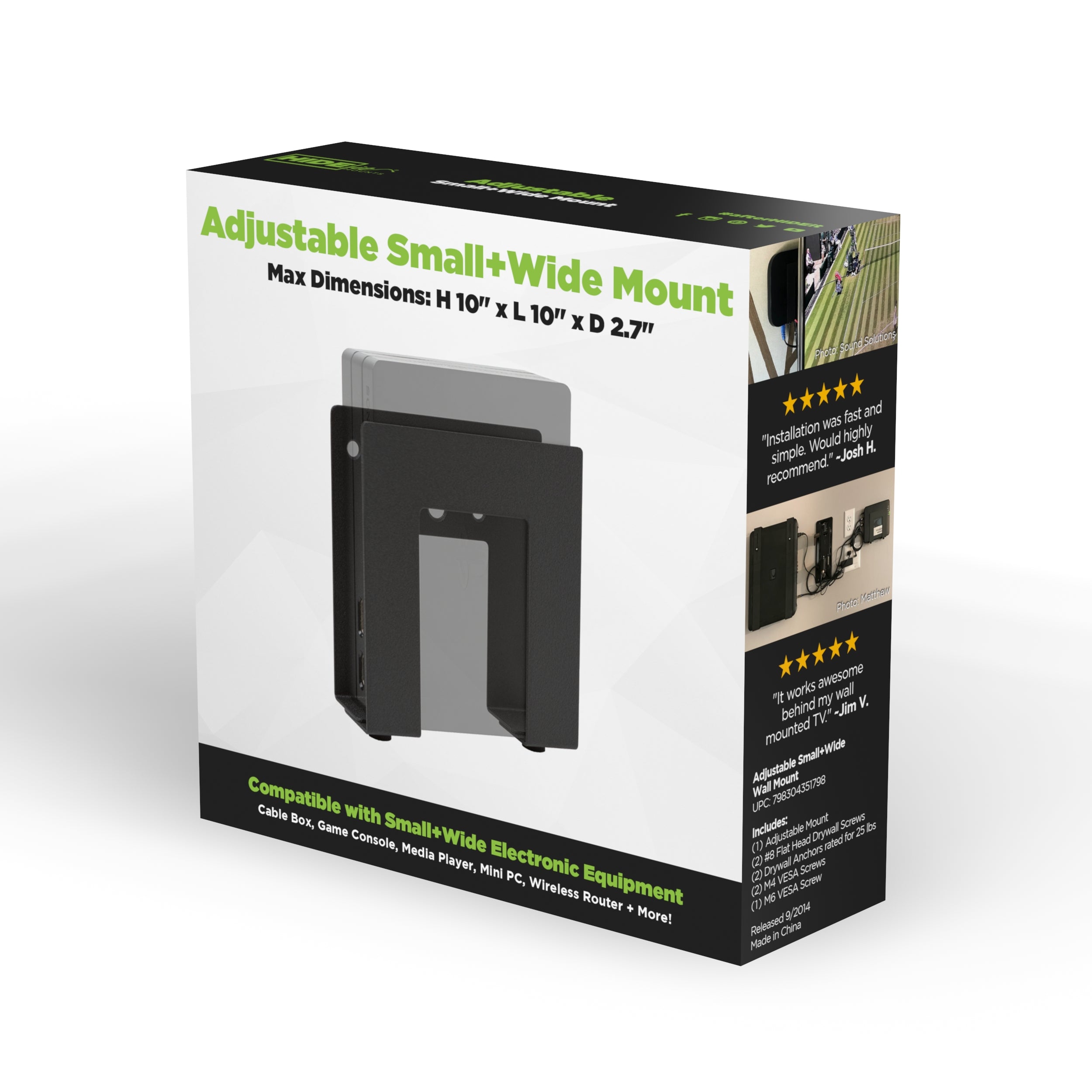 W - HIDEit Uni-SW Retail Packaging | Universal Small + Wide Electronic + Cable Box Mounts in Retail Packaging