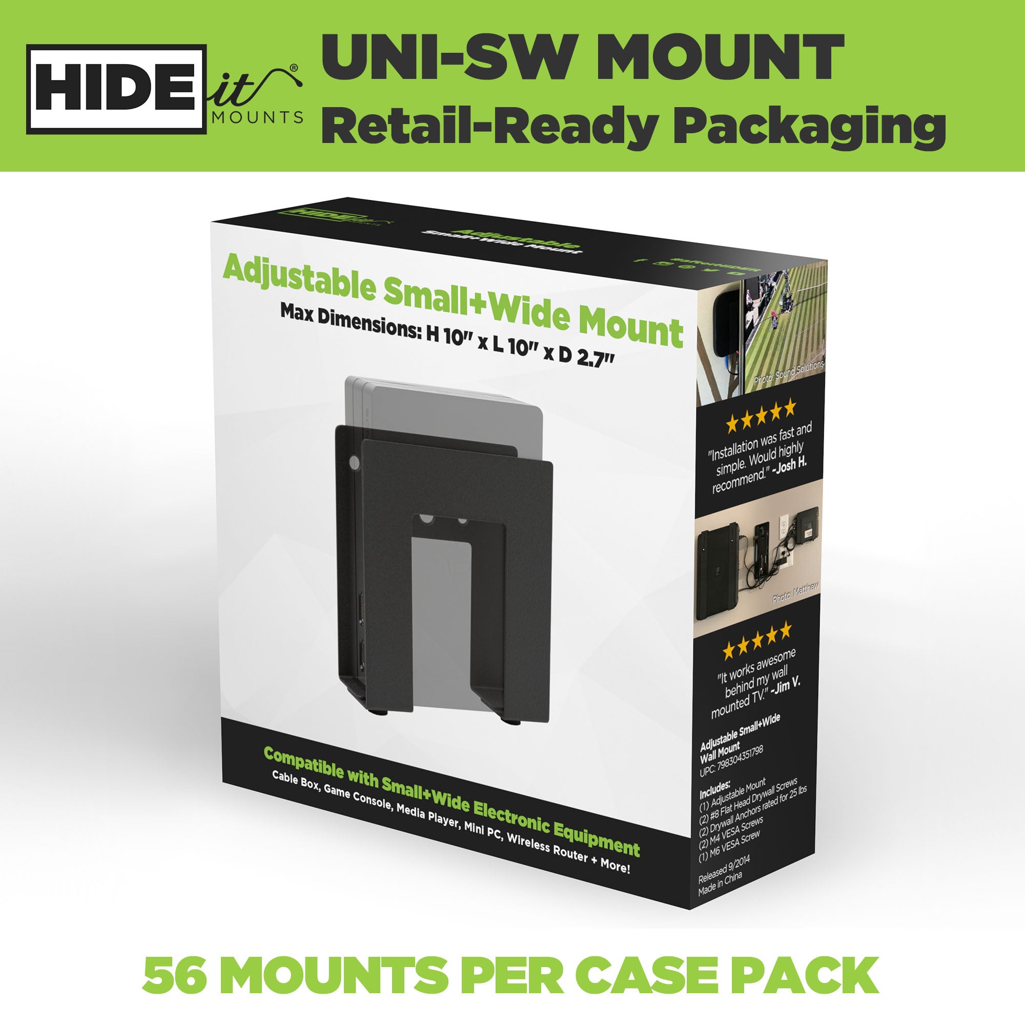 W - HIDEit Uni-SW Retail Packaging | Universal Small + Wide Electronic + Cable Box Mounts in Retail Packaging