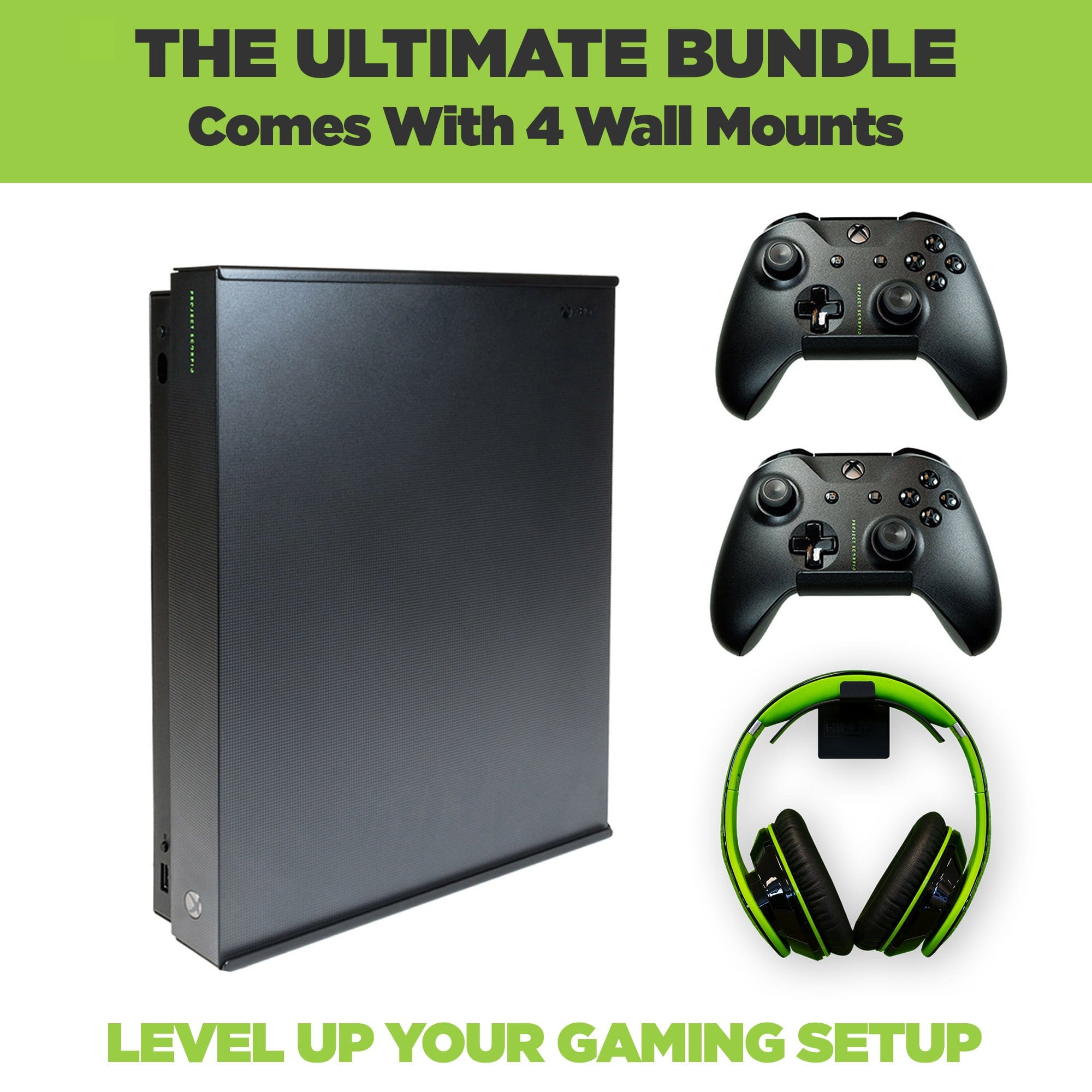 The ultimate Xbox One X Wall Mount Bundle. Comes with HIDEit X1X Wall Mount, 2 Xbox Controller Mounts and 1 headset wall mount.